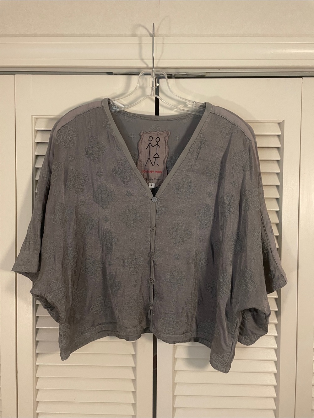 Johnny Was Light Gray / Green Embroidered V-Neck Button Front Jacket Sz S